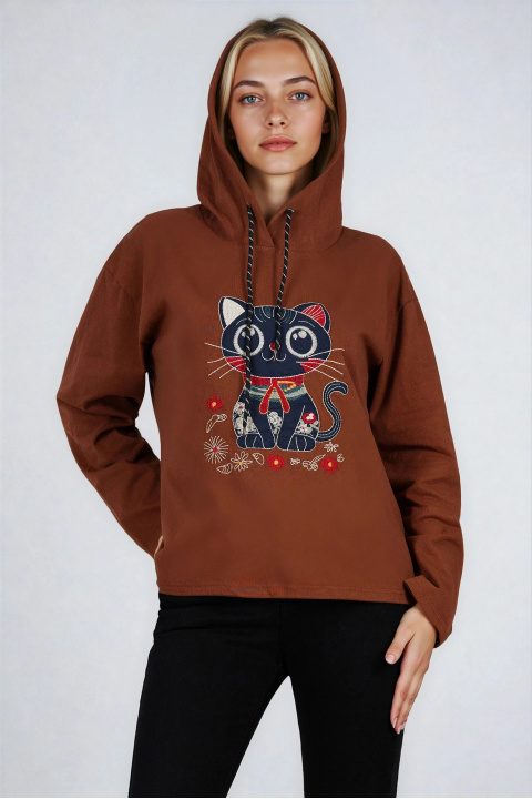 Дамски памучен суитшърт в керемидено кафяво с качулка и бродирана котка