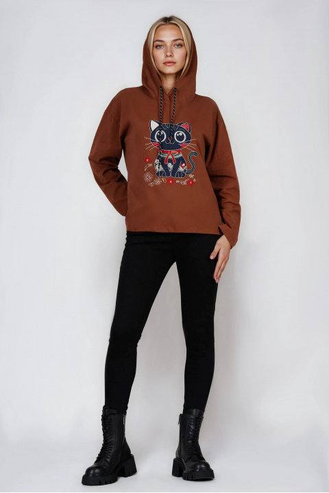 Дамски памучен суитшърт в керемидено кафяво с качулка и бродирана котка
