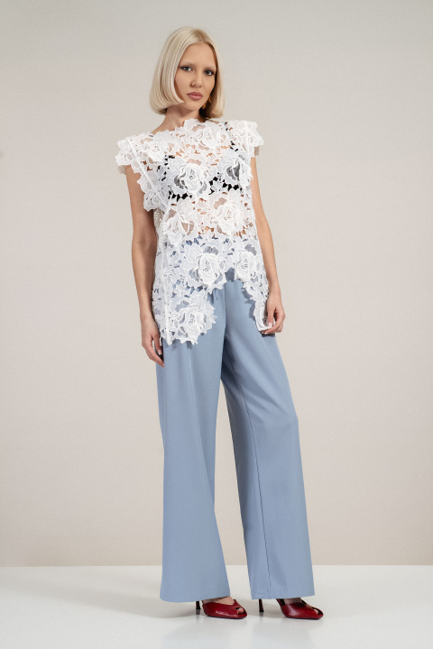 Дамски панталон в синьо с еластична талия и широк крачол