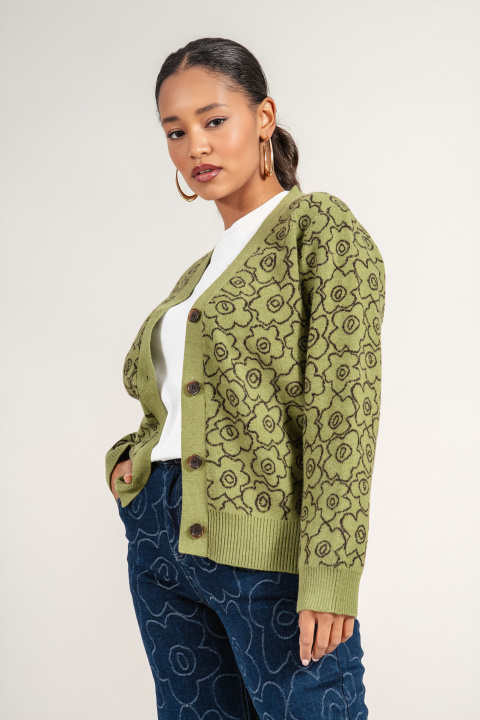 Дамски плетена жилетка ''Dragonfly'' в зелено с принт цветя