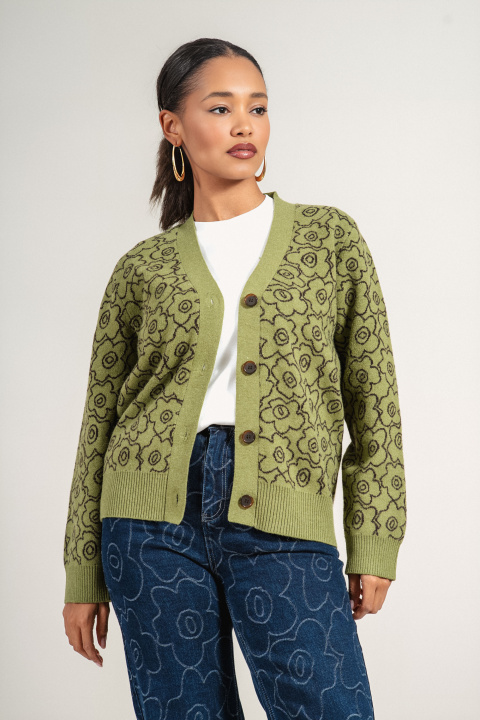 Дамски плетена жилетка ''Dragonfly'' в зелено с принт цветя