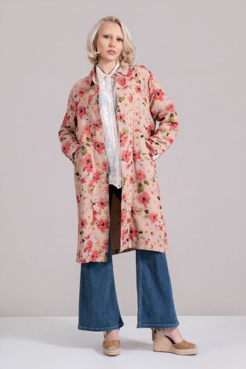 Дамски пролетен блейзър от памук с флорален принт в розово и бежово