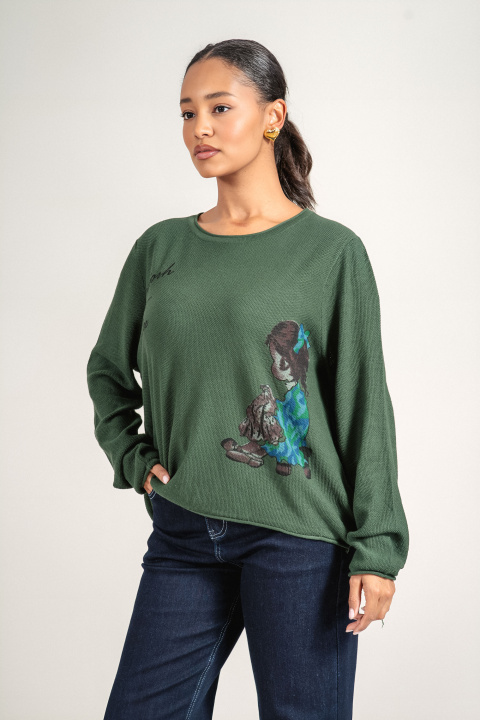 Дамски пуловер фино плетиво в зелено с щампа и надпис