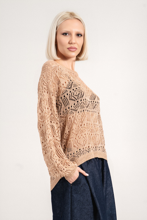 Дамски пуловер от едро плетиво в бежово с нишка ламе