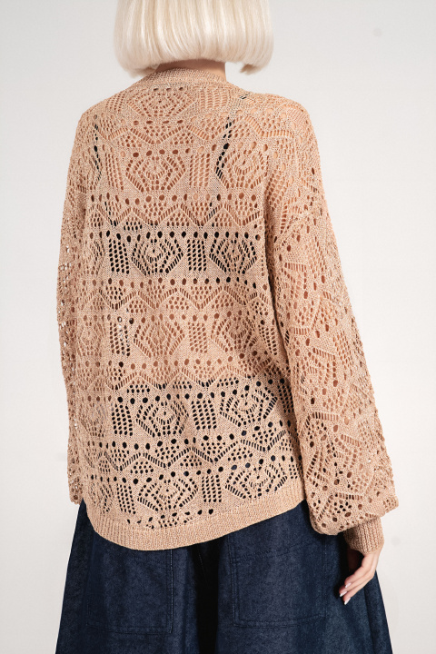 Дамски пуловер от едро плетиво в бежово с нишка ламе