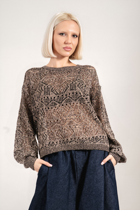 Дамски пуловер от едро плетиво в черно с нишка ламе