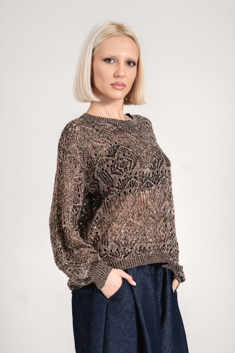 Дамски пуловер от едро плетиво в черно с нишка ламе