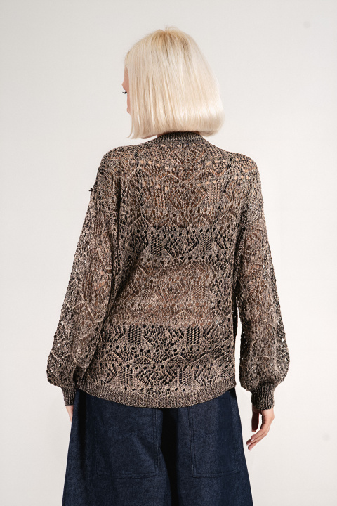 Дамски пуловер от едро плетиво в черно с нишка ламе