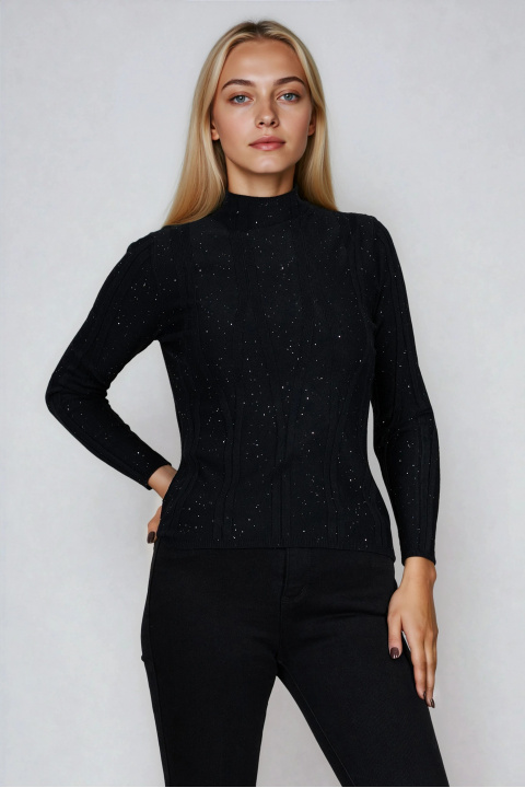 Дамски пуловер от фино плетиво в черно с блестящ ефект и рипсени детайли