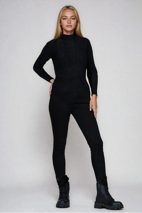 Дамски пуловер от фино плетиво в черно с блестящ ефект и рипсени детайли