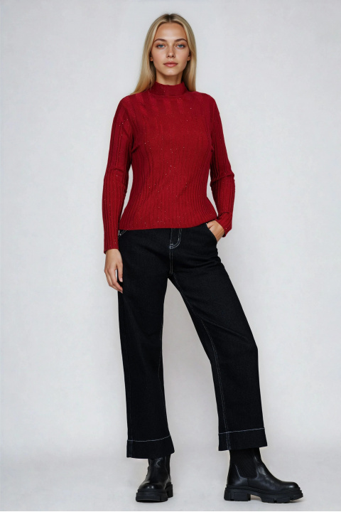 Дамски пуловер от фино плетиво в червено с блестящ ефект и рипсени детайли