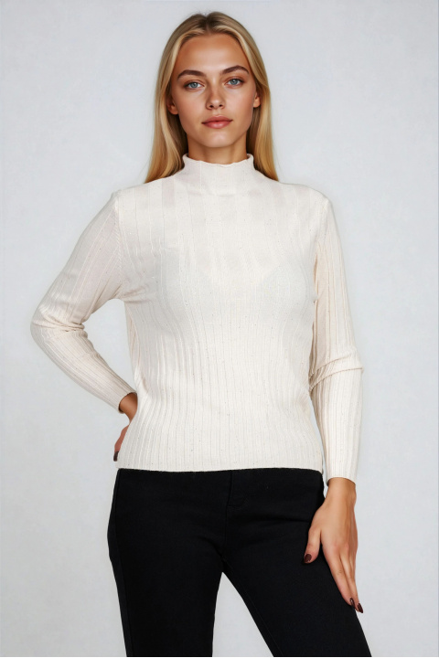 Дамски пуловер от фино плетиво в екрю с блестящ ефект и рипсени детайли