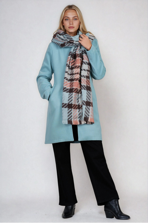 Дамски шал в синьо от мека материя с геометричен кафяв принт