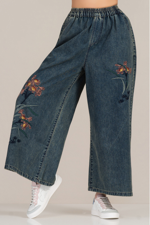 Дамски широки дънки с връзки на талията и бродирани цветни мотиви