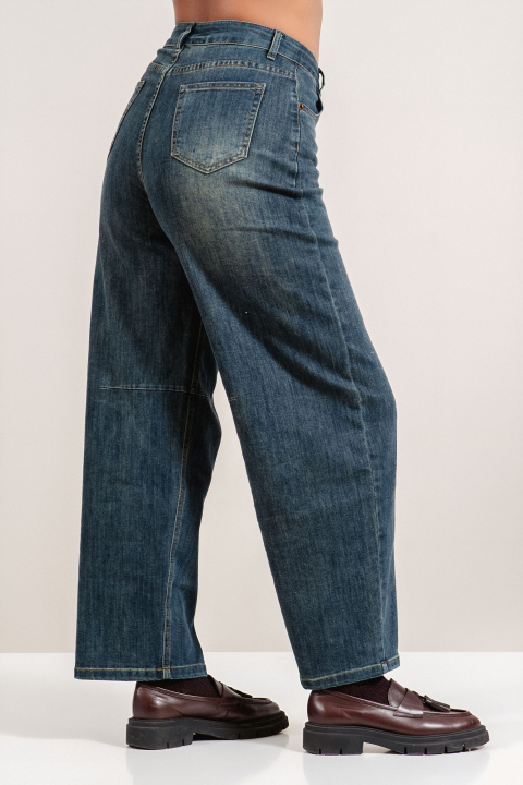 Дамски широки дънки със синьо винтидж избелване