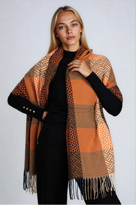 Дамски топъл шал с фигурален принт в кафяво и оранжево