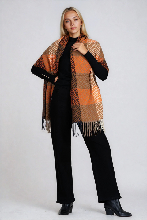 Дамски топъл шал с фигурален принт в кафяво и оранжево