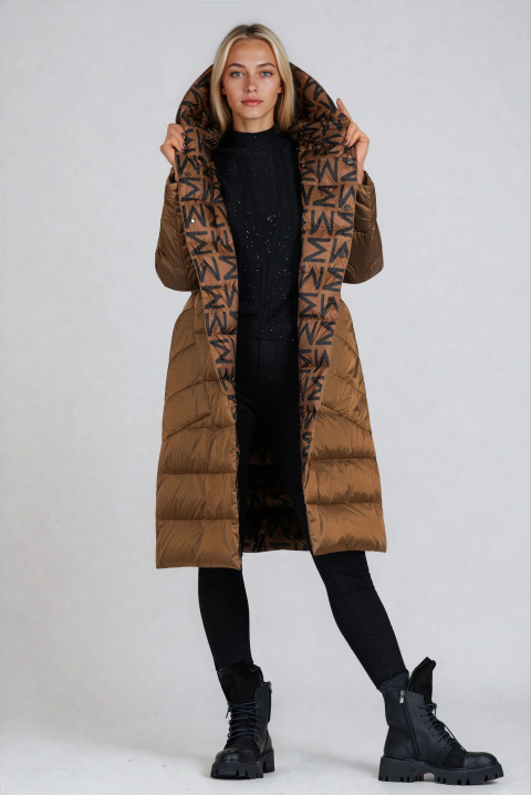 Дамско дълго двулицево яке в кафяво с черен принт