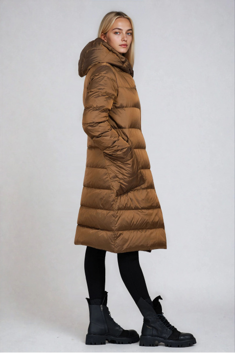 Дамско дълго двулицево яке в кафяво с черен принт