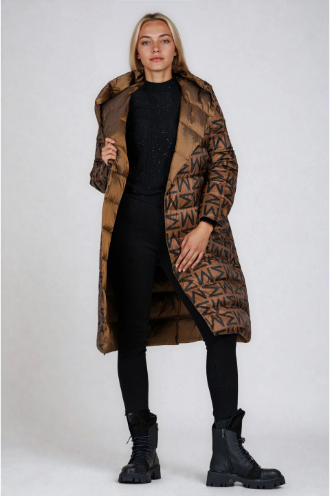 Дамско дълго двулицево яке в кафяво с черен принт