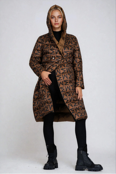 Дамско дълго двулицево яке в кафяво с черен принт