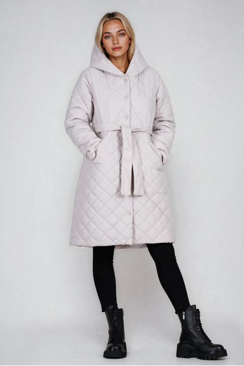 Дамско дълго капитонирано яке в светлосиво с качулка и колан