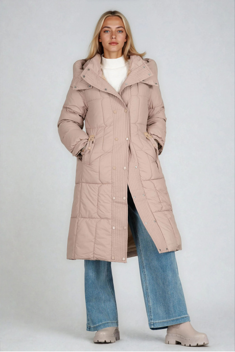 Дамско дълго яке в бежово с качулка, колан и кожен елемент на джоба