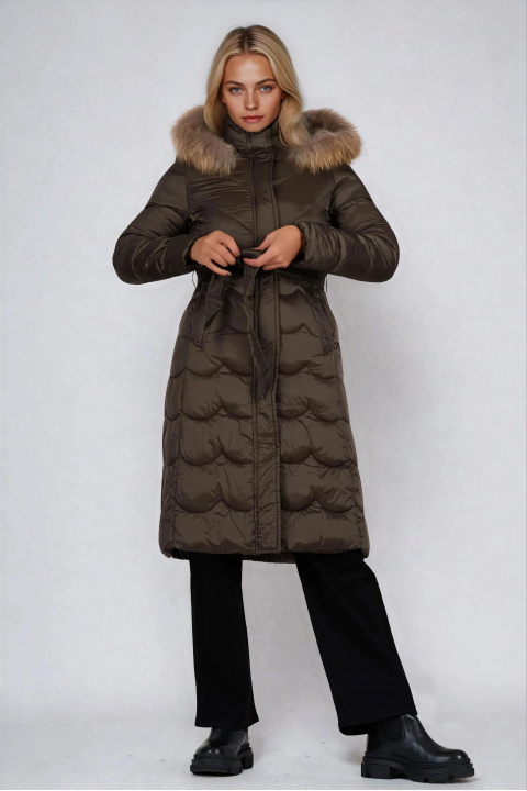 Дамско дълго яке в цвят милитъри с естествен пух на качулката