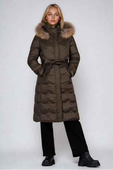Дамско дълго яке в цвят милитъри с естествен пух на качулката