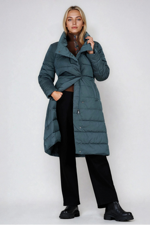 Дамско дълго яке в цвят петрол с обемна яка и допълнителен колан