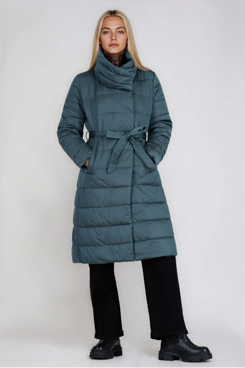 Дамско дълго яке в цвят петрол с обемна яка и допълнителен колан