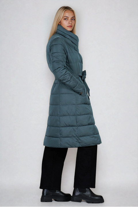 Дамско дълго яке в цвят петрол с обемна яка и допълнителен колан