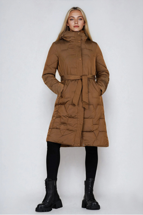 Дамско дълго яке в кафяво с двойно закопчаване и допълнителен колан