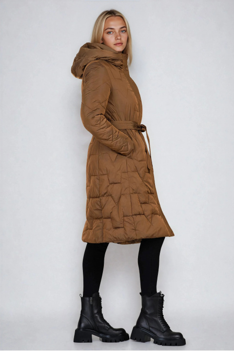 Дамско дълго яке в кафяво с двойно закопчаване и допълнителен колан