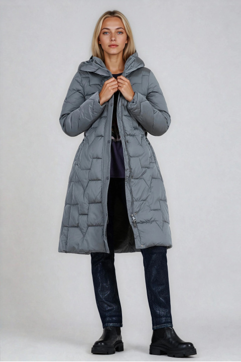 Дамско дълго яке в сиво с двойно закопчаване и допълнителен колан