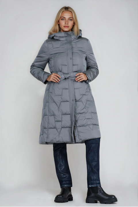 Дамско дълго яке в сиво с двойно закопчаване и допълнителен колан