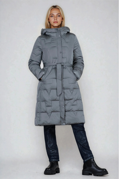 Дамско дълго яке в сиво с двойно закопчаване и допълнителен колан