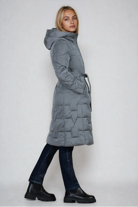 Дамско дълго яке в сиво с двойно закопчаване и допълнителен колан