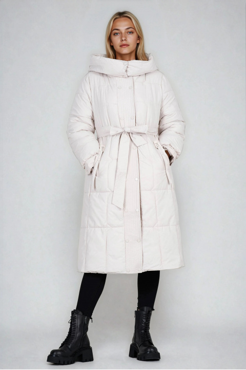 Дамско дълго яке в светлобежово с качулка, колан и кожен елемент на джоба