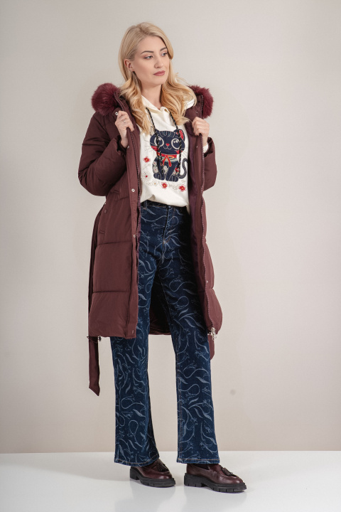 Дамско дълго зимно яке в цвят бордо с допълнителни ръкавици