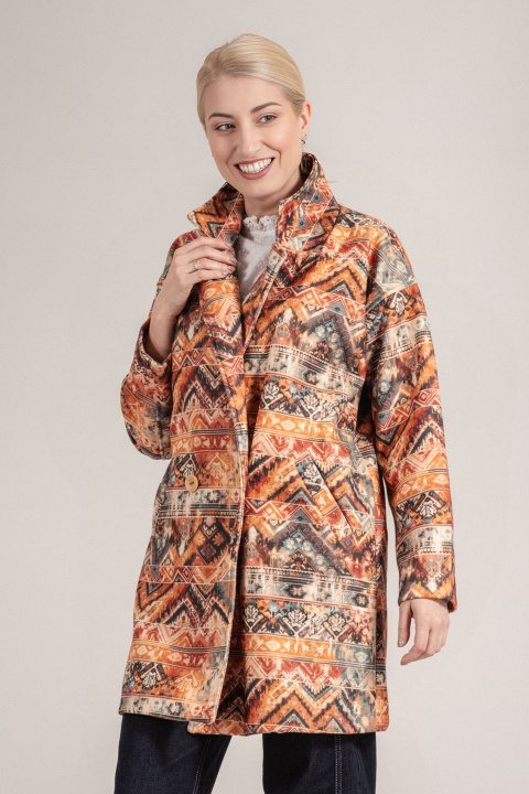 Дамско двуредно палто с етно принт в оранжево и жълто