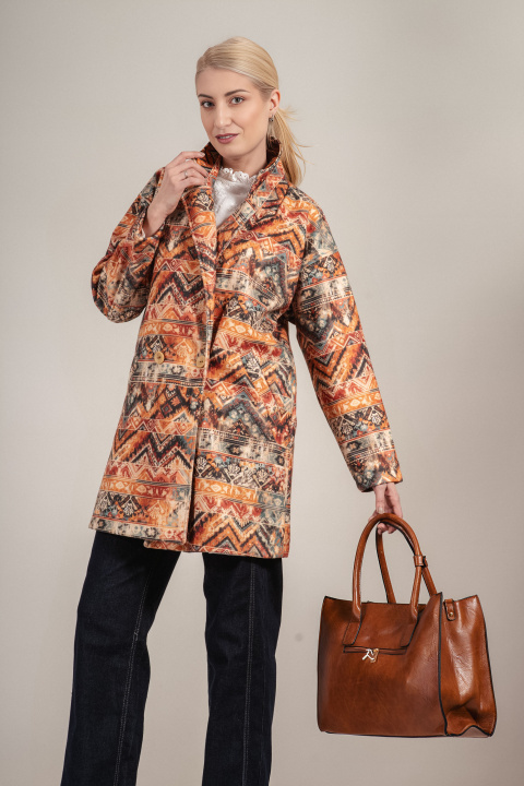 Дамско двуредно палто с етно принт в оранжево и жълто