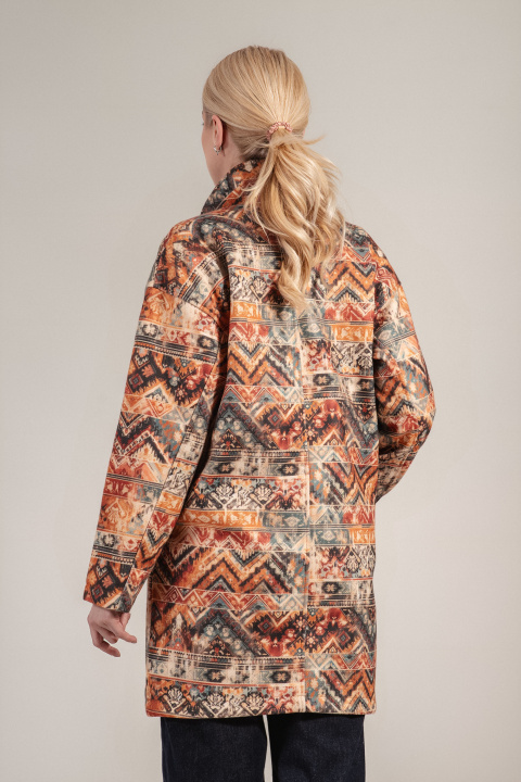 Дамско двуредно палто с етно принт в оранжево и жълто