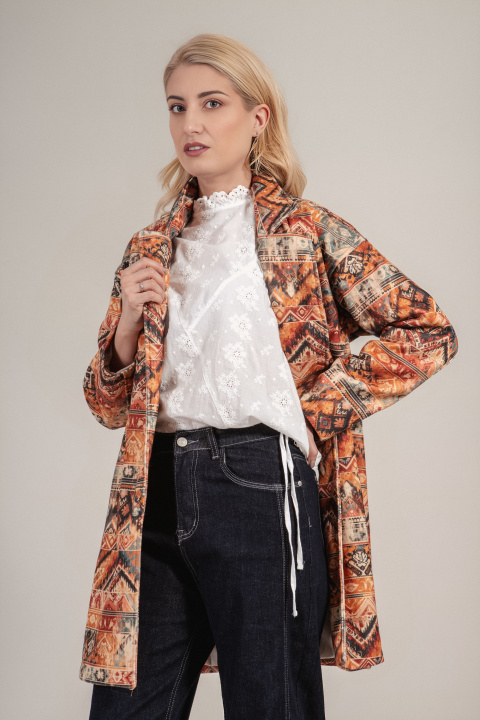 Дамско двуредно палто с етно принт в оранжево и жълто