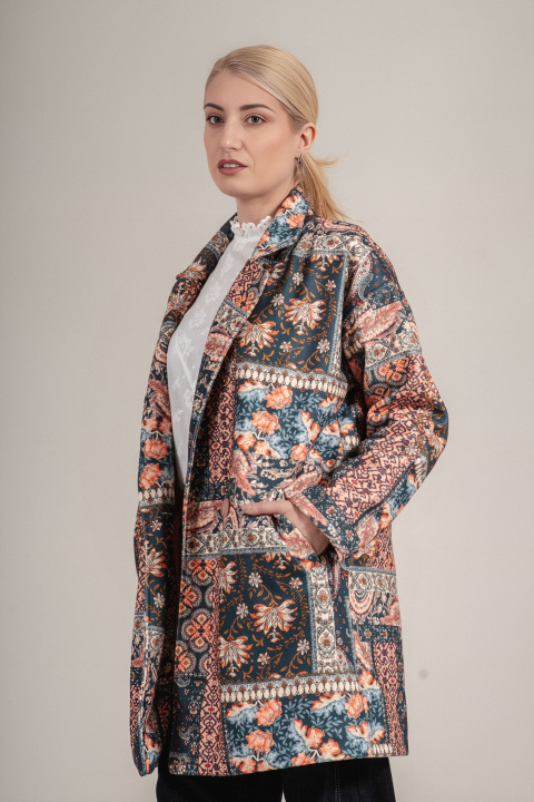 Дамско двуредно палто с етно принт в зелено и оранжево