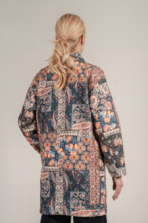 Дамско двуредно палто с етно принт в зелено и оранжево