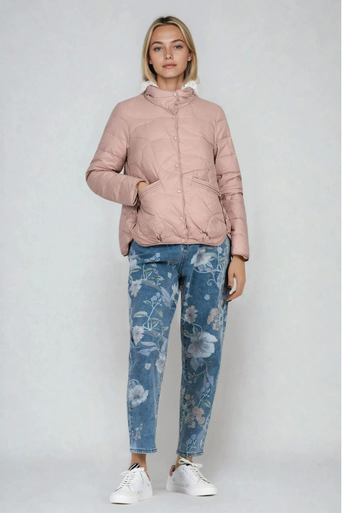 Дамско капитонирано яке в цвят пудра и тик-так закопчаване