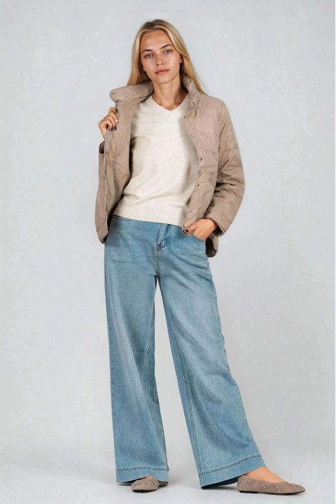 Дамско капитонирано яке в цвят визон и тик-так закопчаване