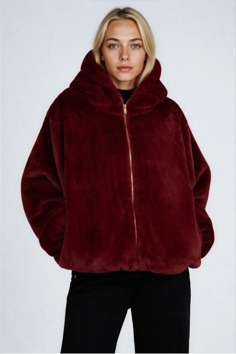 Дамско късо пухено палто в цвят бордо с качулка