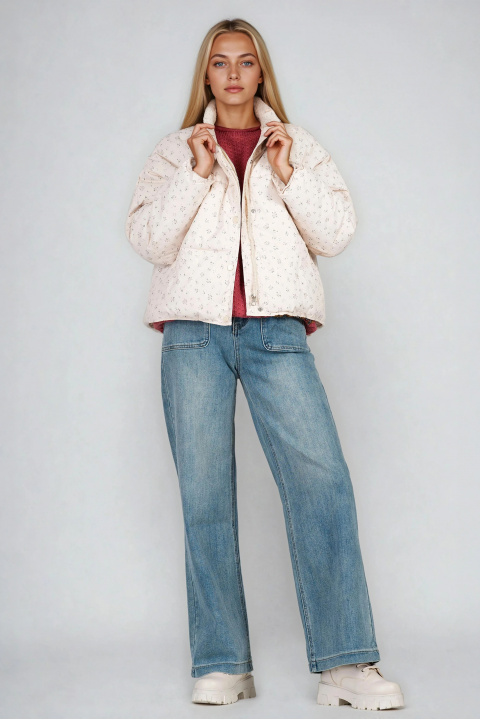 Дамско късо яке тип бомбър в цвят екрю с принт ситни цветя